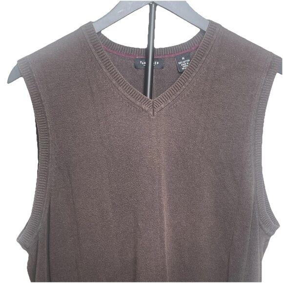 Van Heusen Men’s M Brown V-Neck Sweater Vest 100% Cotton Sleeveless Pullover - Picture 1 of 6